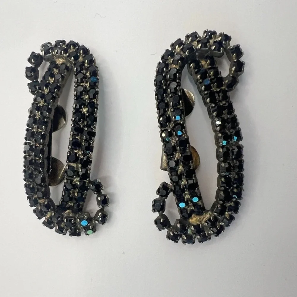 Vintage MUSI Black Rhinestone Shoe Clips‎ 1950s Mid Century Glam Accessory MCM